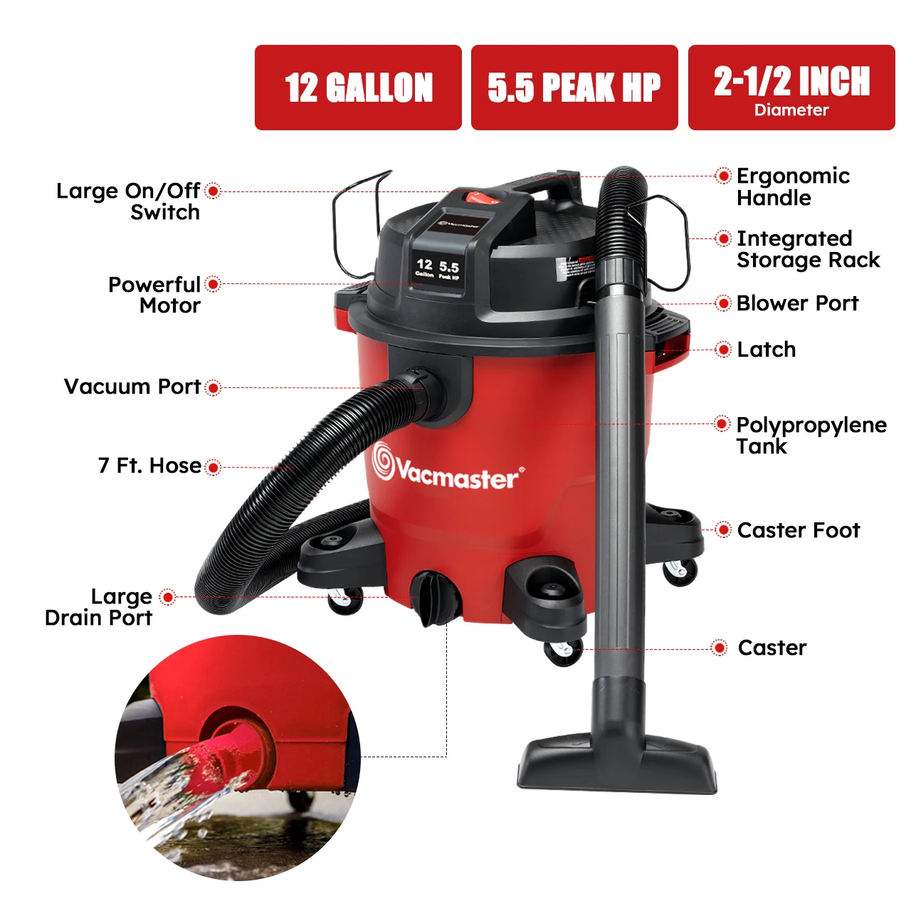 Пылесос Vacmaster Red Edition для сухой и влажной уборки 12 галлонов 5 пиков шланг HP 2-1/2 дюйма VJH1211PF