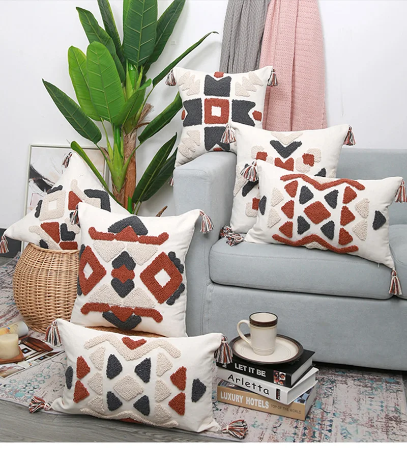 Modern Decorative Geometric Cushion with Tassels Tufted Boho Throw Pillow Cover