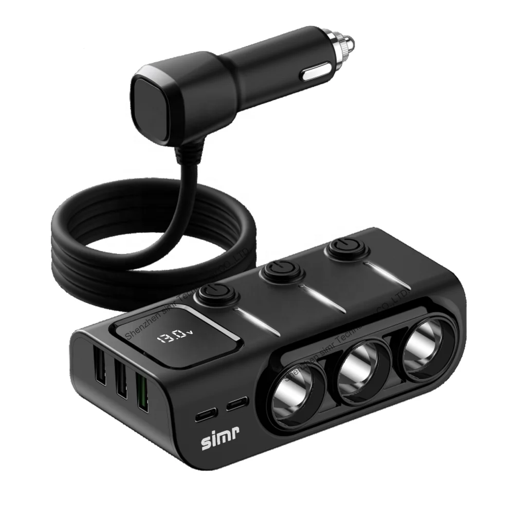 simr Cigarette Lighter Adapter 120W 3 Socket Power Splitter 5 USB Ports Fast Car Charger With LED Display Voltage On Off Switch