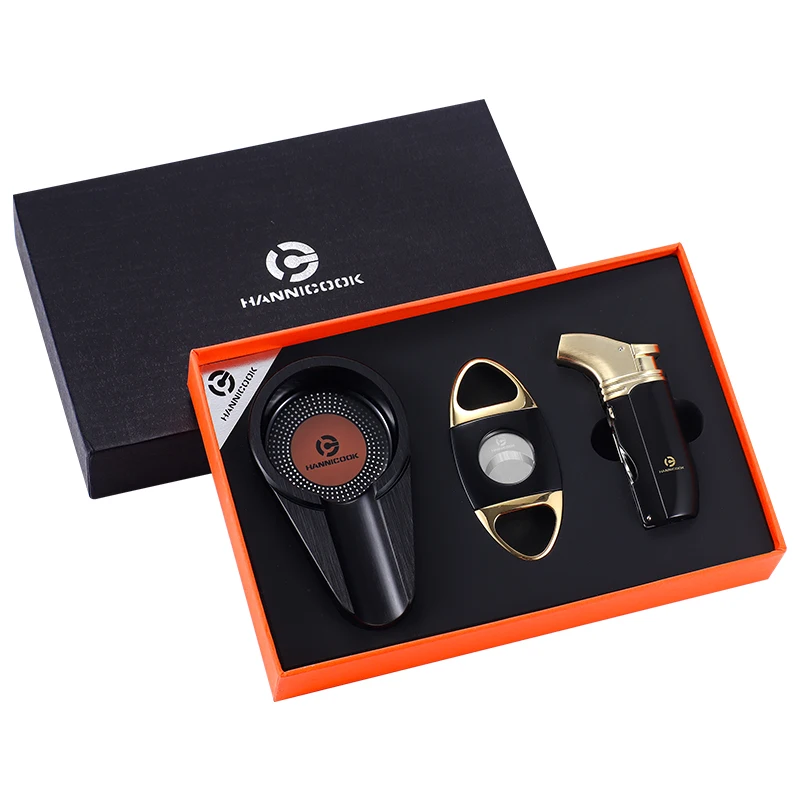 Wholesale Modern Quattro Torch Jet Butane Gas Cigar Lighter Set with Gift Box Including Cigar Cutters for Everyday Smoking
