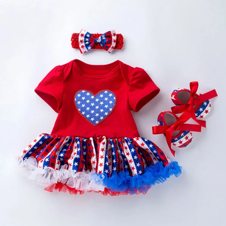 
New Independence Day Short Sleeve baby Romper Skirt Jumpsuit Shoes Three Piece Girls Clothes Dress Sui 