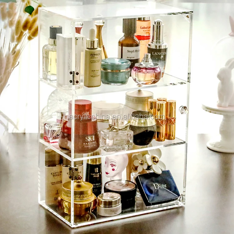 Clear Acrylic Cosmetic Skin Care Product Perfume Shelf 3 layer Cabinet Door Plexiglass Cosmetic Storage Box