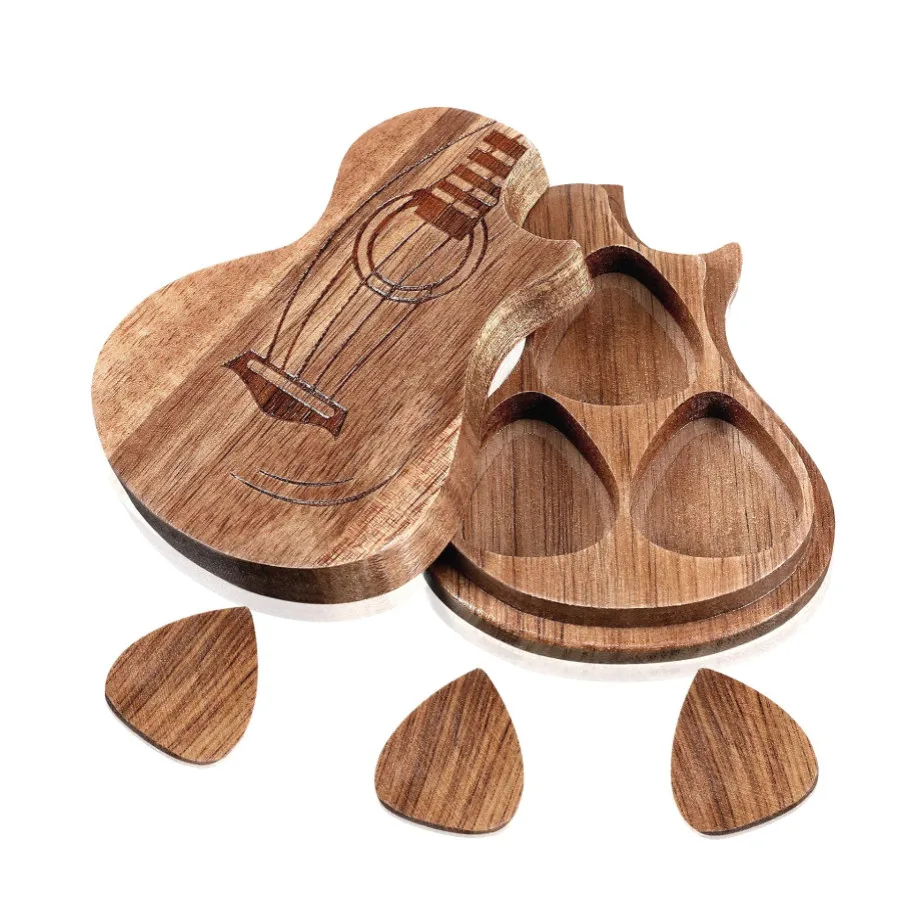 Custom Unique Guitar Shape 3 Slots Wooden Guitar Pick Box For Guitarist Musician Gift