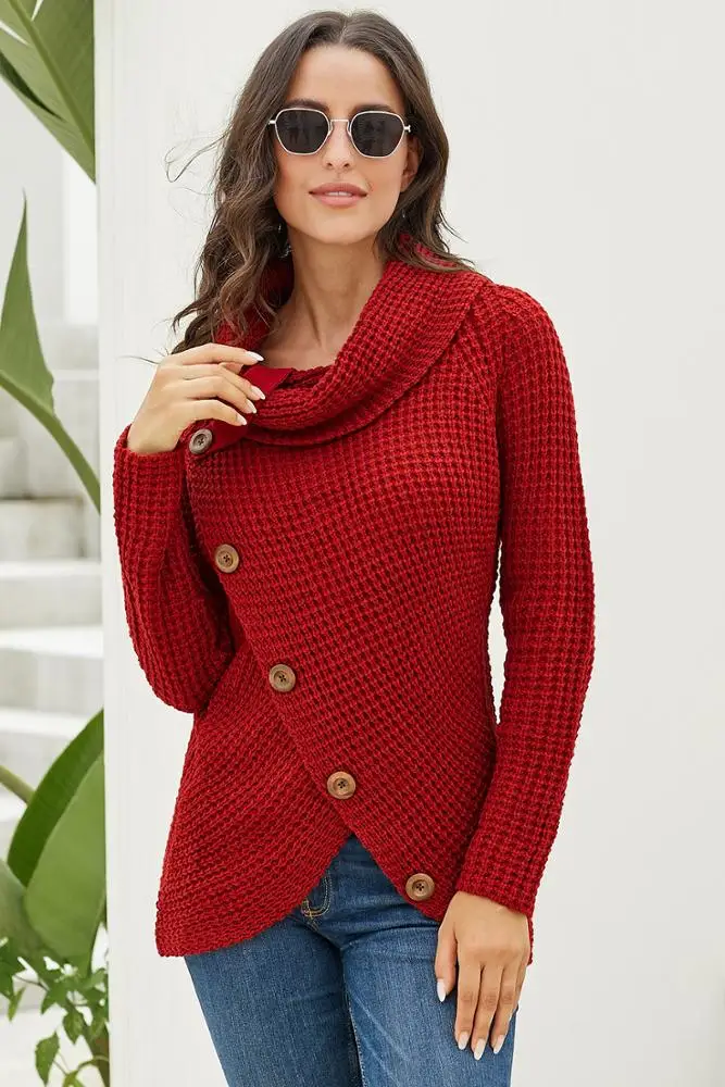
Heather Buttoned Wrap Turtleneck Wholesale Sweater For Woman 