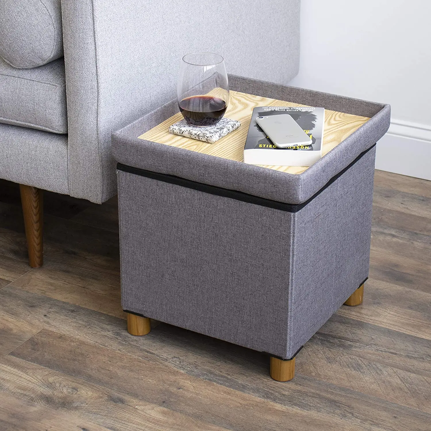 15inch Sturdy Cube Ottoman with Storage Foldable Storage Ottoman with Legs for Bedroom Fabric Folding Storage Stool