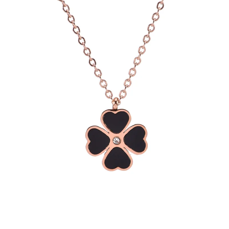 Luxury Tarnish Free CZ Stone Rose Gold Plated Four Leaf Stainless Steel Clover Necklace  Jewelry