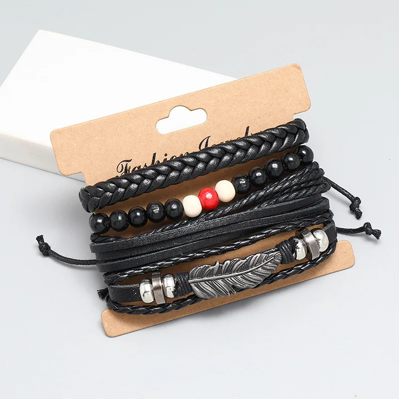 Fashion feather beaded Jewelry Handmade Woven Vintage multilayer Bracelet DIY 4 pieces set bracelets for men and women