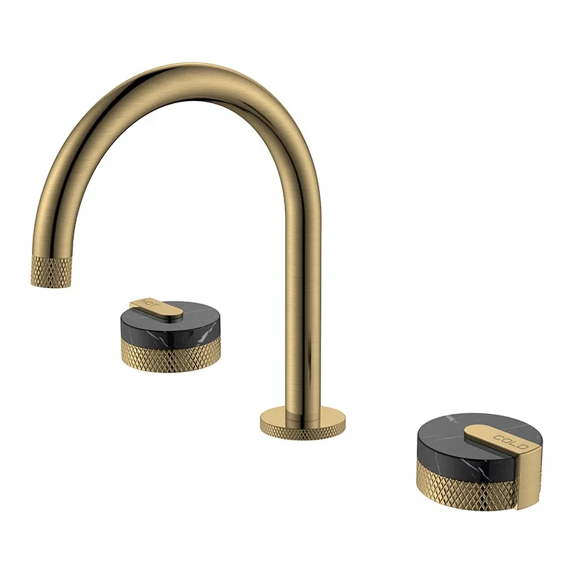 Deck mounted marble handles goose neck luxury brushed gold basin faucet for full bathroom 3 hole basin faucet