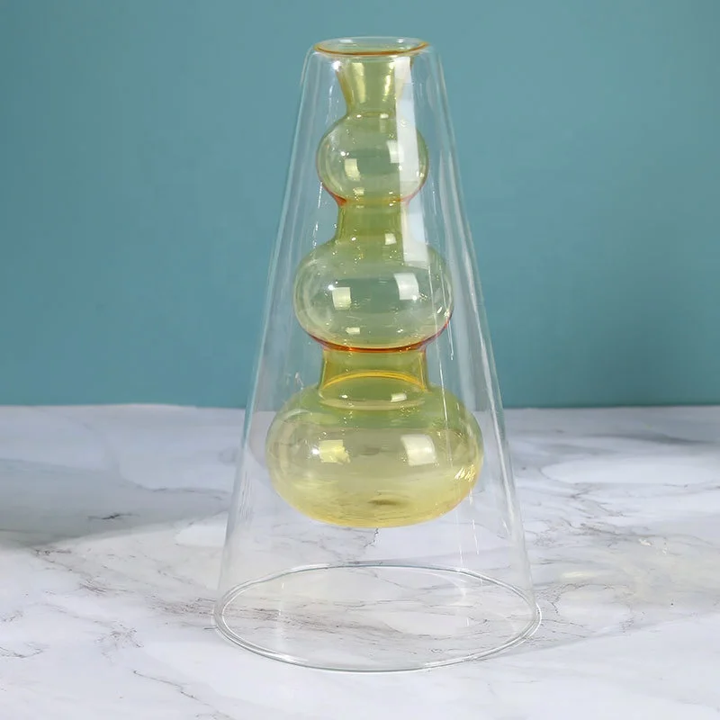 Blue nordic style pyramid shape transparent glass vase for wedding and home decor