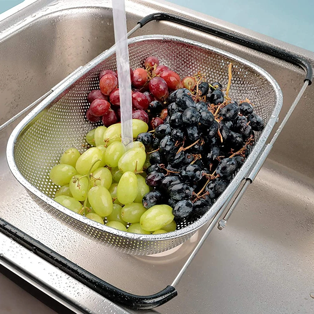 MD Stainless Steel Over the Sink Strainer Kitchen Colander with Extendable Arms for Vegetable Fruits and Pasta 5 quart