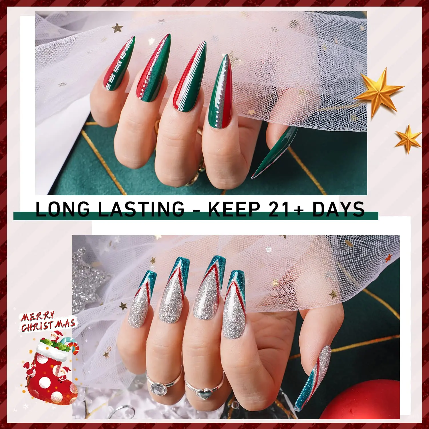 Christmas custom labels red green glitter smooth highly shiny uv gel nail polish