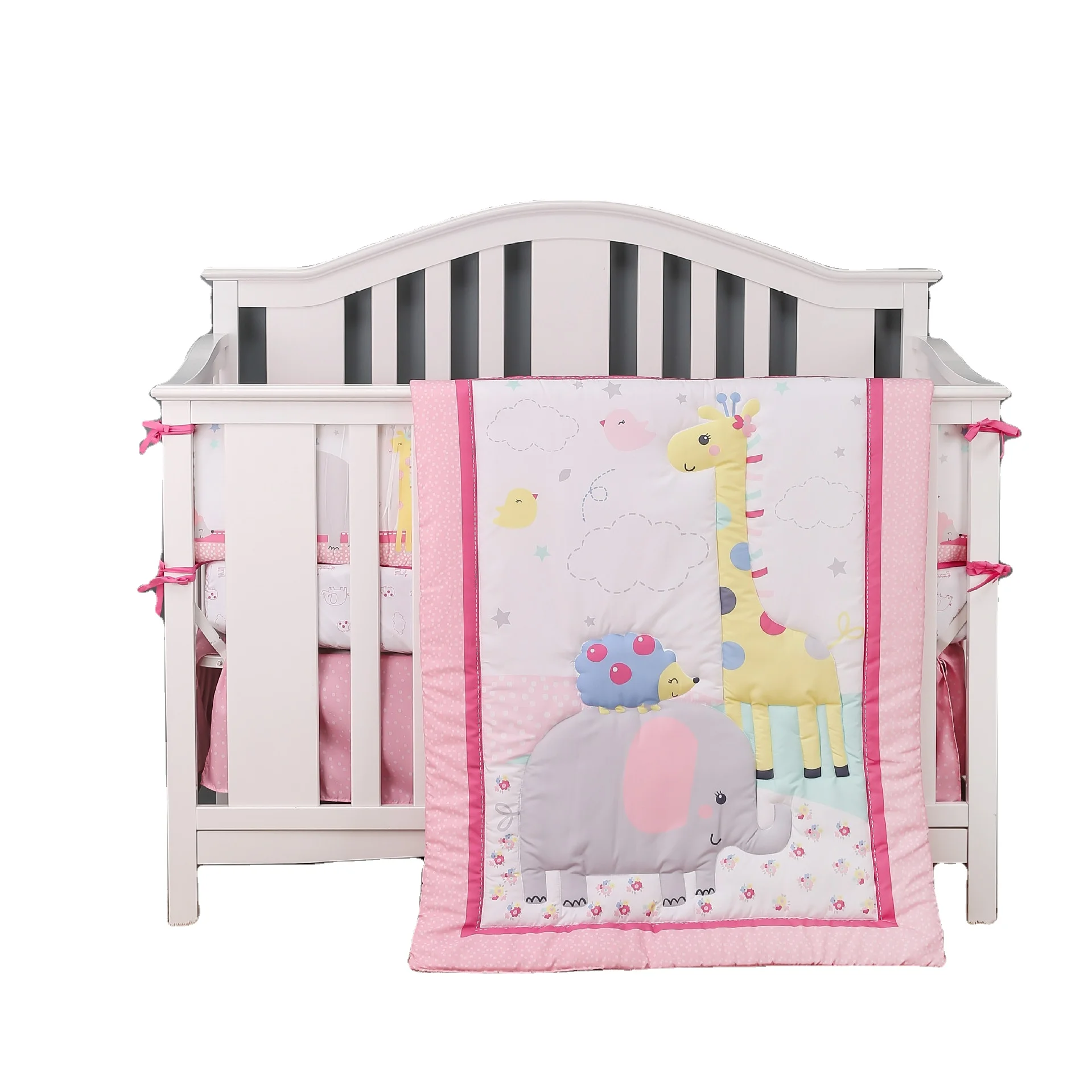 4-Piece Crib Bedding Set Cute Cartoon Pattern Blanket Quilt Fitted Sheet Crib Skirt and Cot Bumper Sets