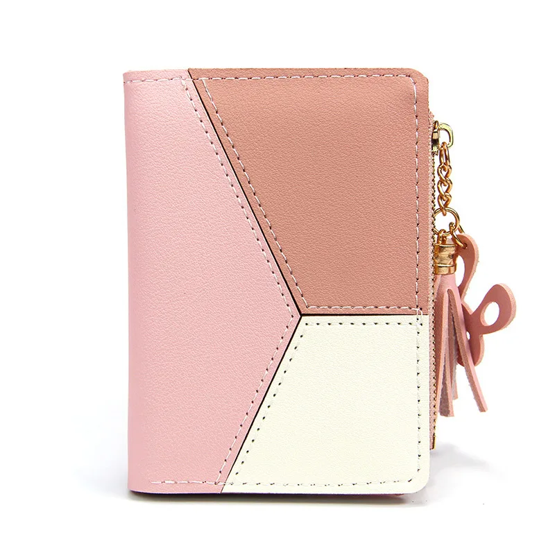 2020 New Large Capacity Women short Wallet with Wristband, Patchwork Synthetic Leather Zipper Wallet Phone Case for Women