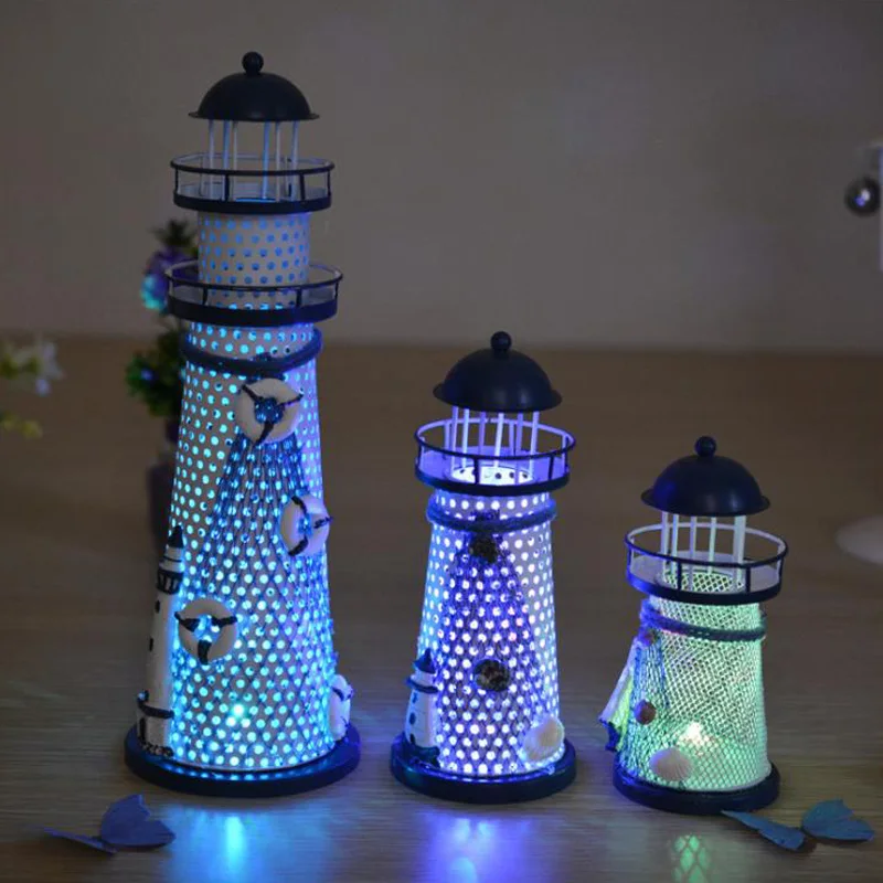 
Metal LED Lighthouse Night Light Battery Operate Christmas Decoration 3D Lamp Table Ornament Festival Party Lantern 