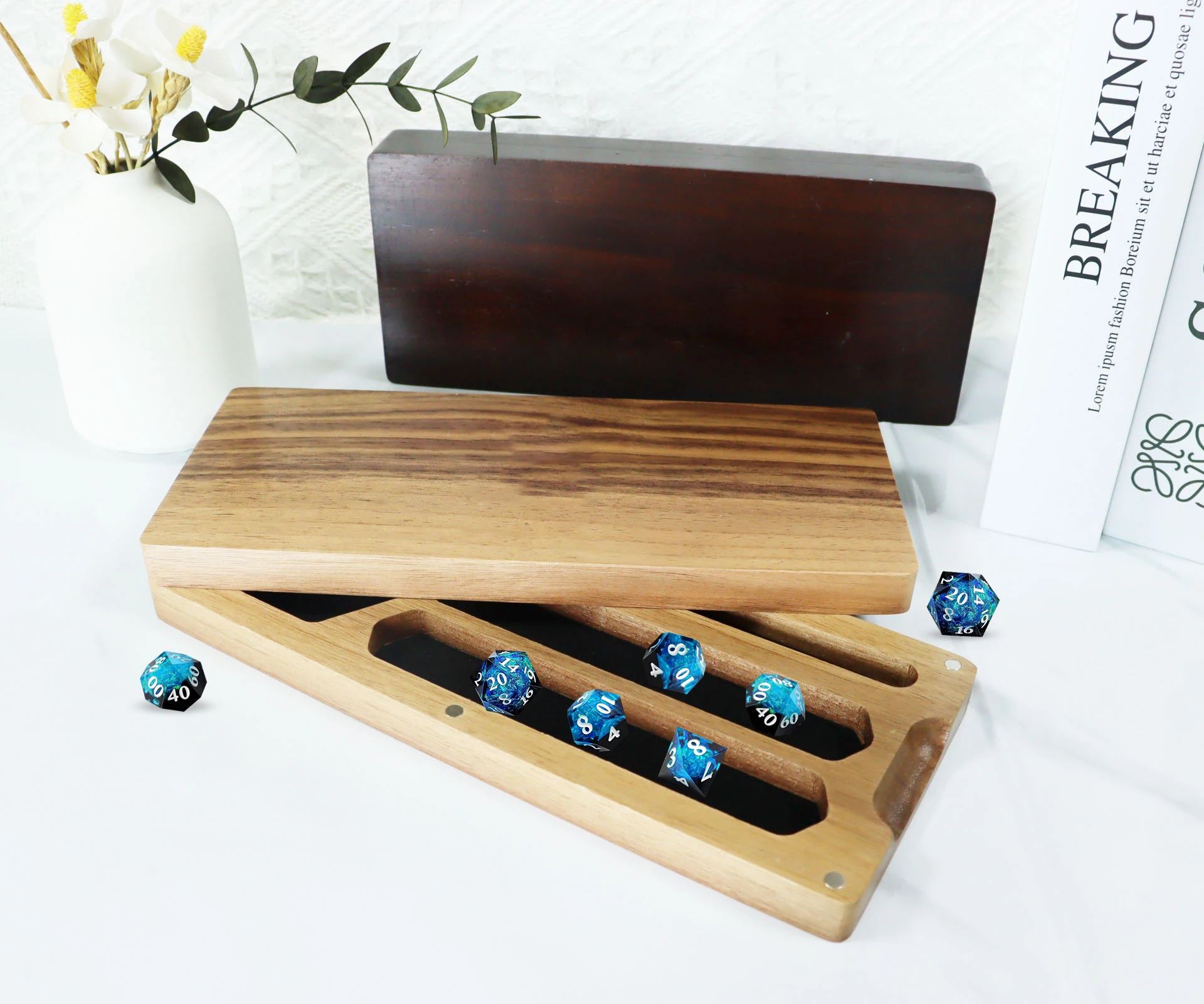 Custom logo Rectangle white DND Wood Elegant Dice Dragons Game Box Tray Magnetic Black Walnut Wood dnd Dungeons Dice tower Tray