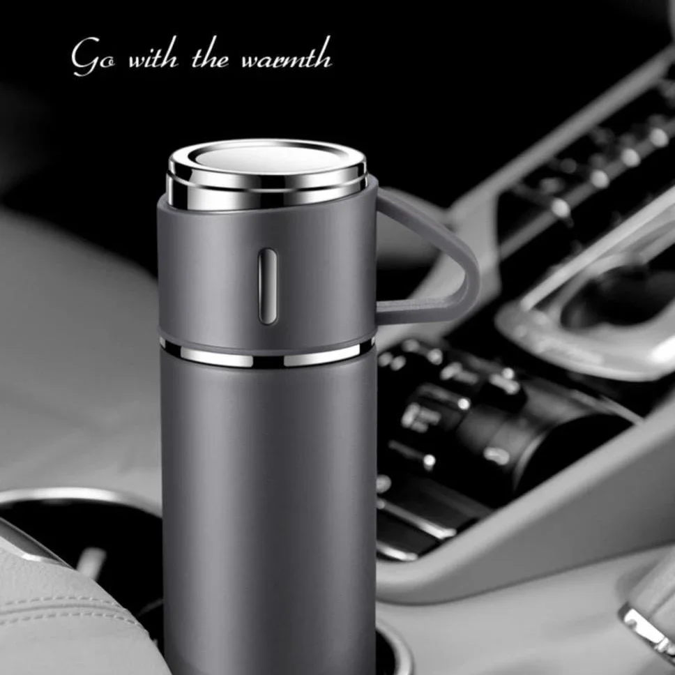 Custom Logo Coffee Cup Set Portable Stainless Steel Thermos 500ml Vacuum Flask with Two Coffee Tea Cups Gift Box Bottle Set