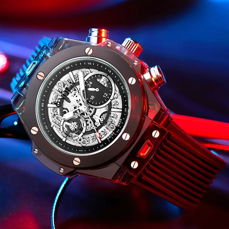 ONOLA 6812 Silicone Sports Transparent Skeleton Creative Men Quartz Wristwatches Chronograph Watches Men Wrist