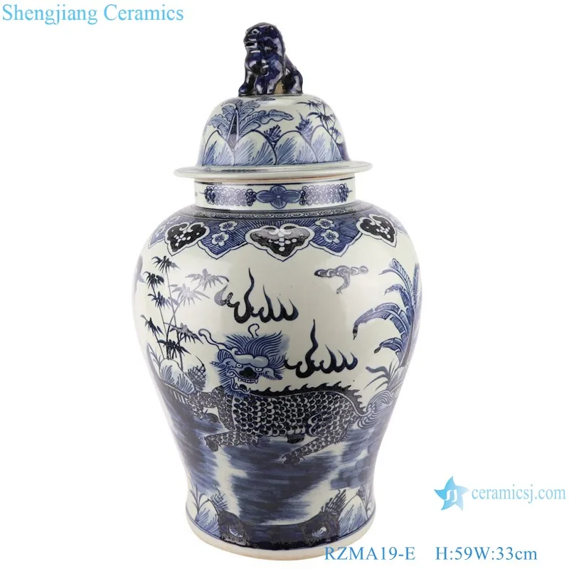 RZMA19-A-B-C-D-E-F  Antique Porcelain Fish  Grass, Dragon , Unicorn Ancestor pattern Chinese blue and white ginger jar