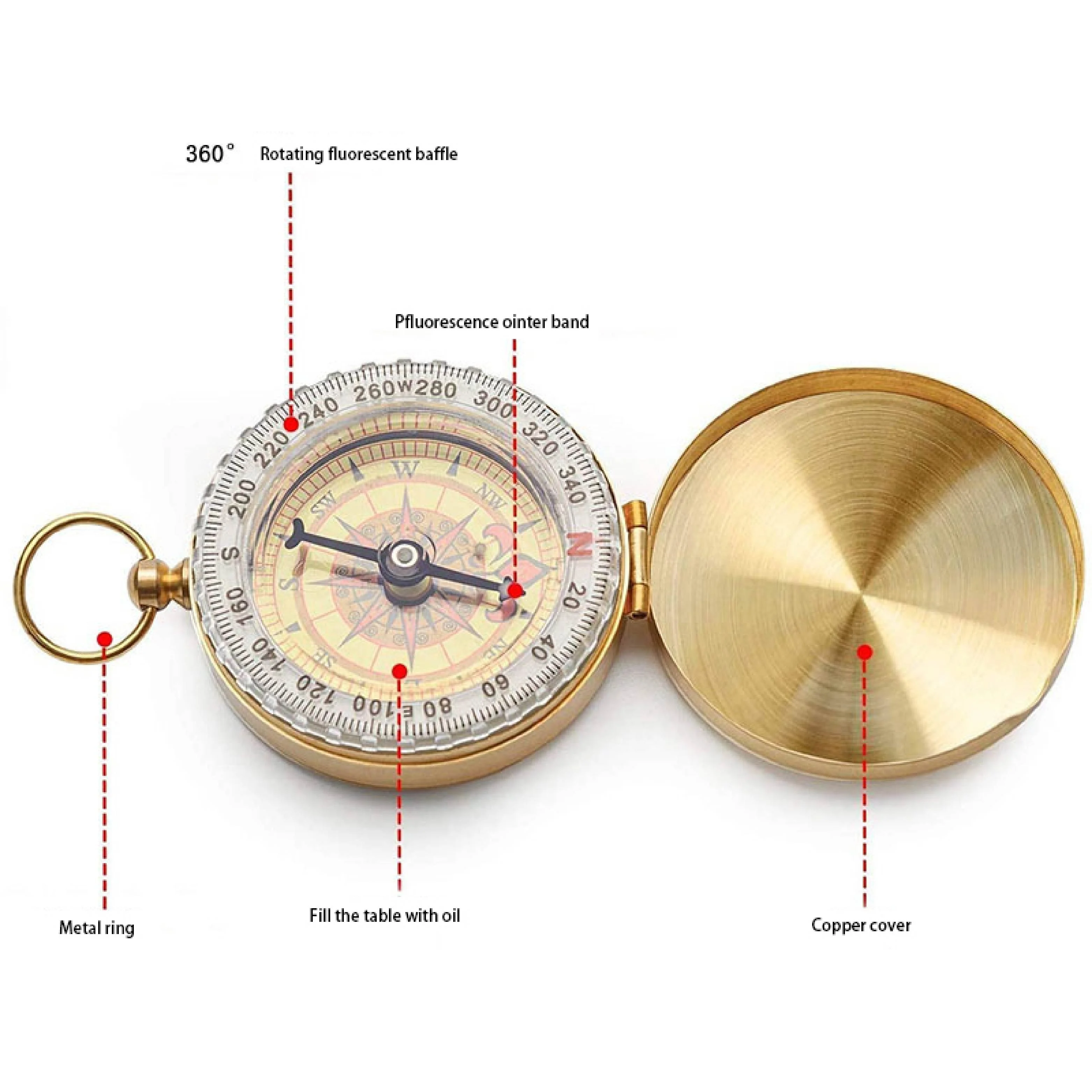 Outdoor Portable Travel Hiking Outdoor Brass Luminous Compass Camping Pocket Watch Style Compass