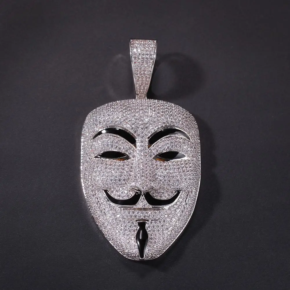 New Arrival HipHop V for Vendetta Iced Out Mask Pendant Necklace For Men