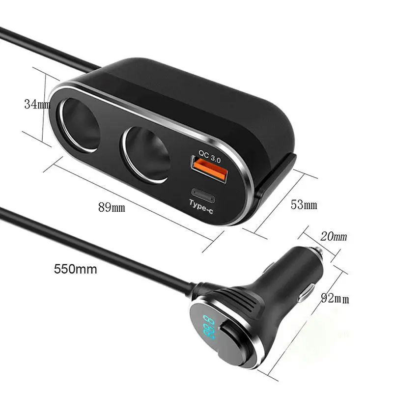 12V/24V 2-Socket 80W DC Power Car Cigarette Lighter Socket Panel Splitter with QC 3.0 Fast Charge