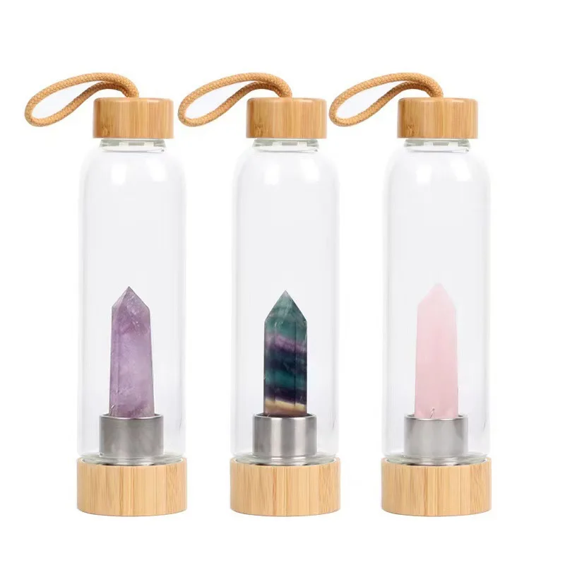 Wholesale Gemstone healing Bamboo cover crystal point wand water bottle healing glass quartz crystal cup