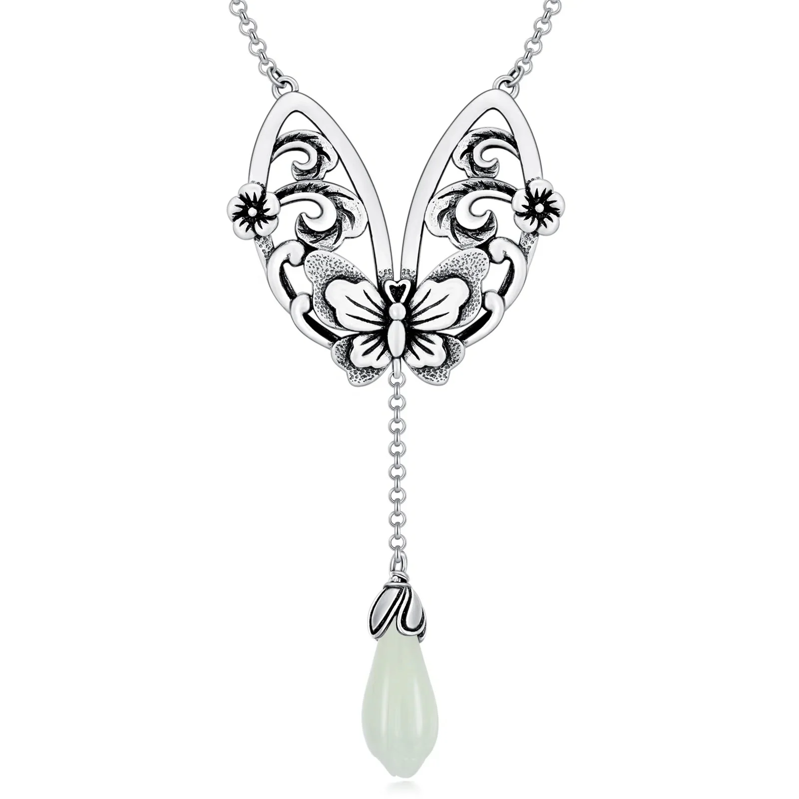 Fine Jewelry 925 Sterling Silver 18 Inch Chain Oxide Butterfly Jade Pendant Necklace