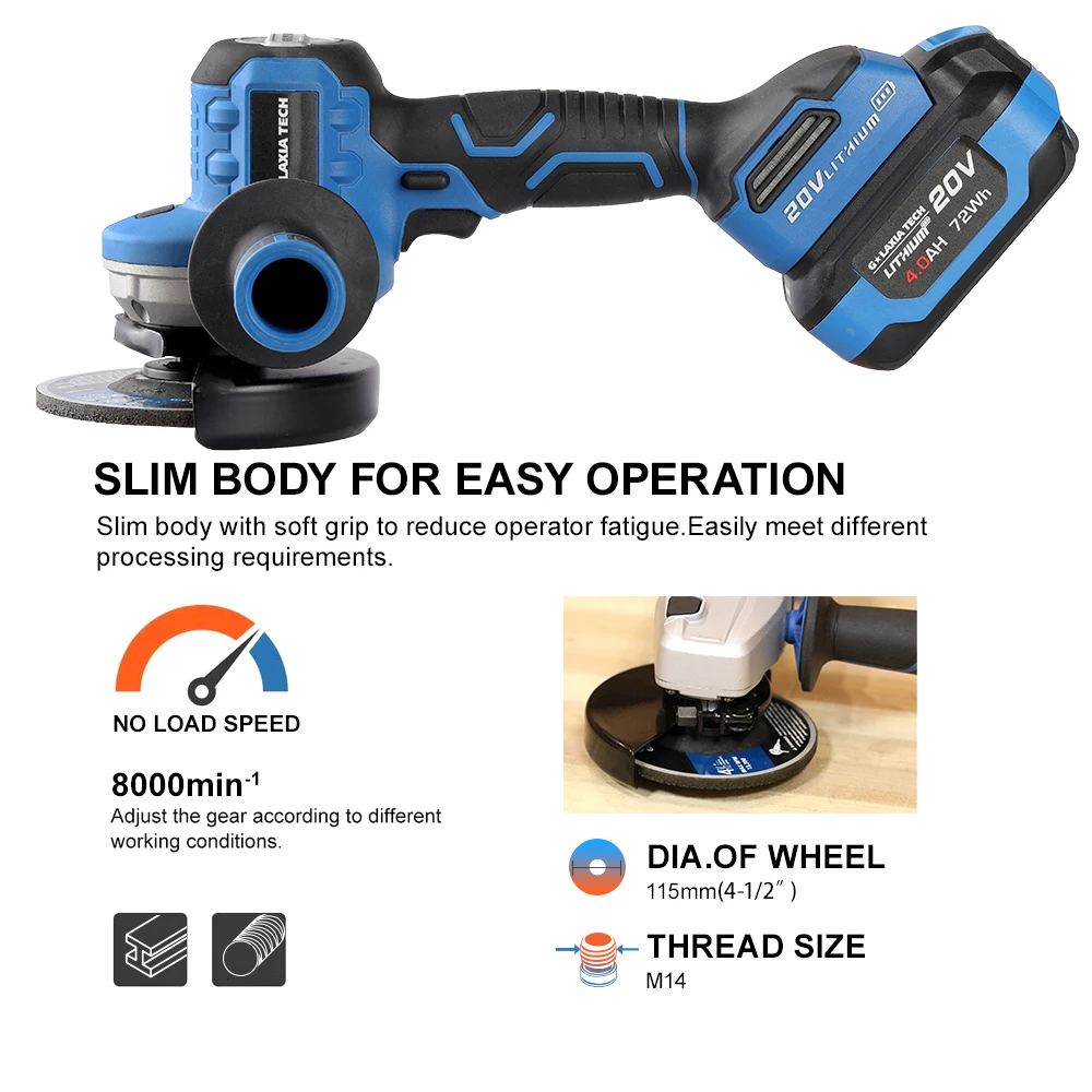 20V Cordless 115mm Angle Grinder with Soft Grip Handle and 8000 r/min No-load Speed