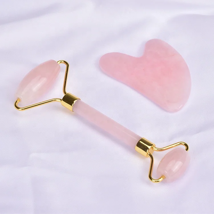 Pink quartz face massage gift set custom baimei  jade roller & gua sha authentic rose quartz roller and gua sha set