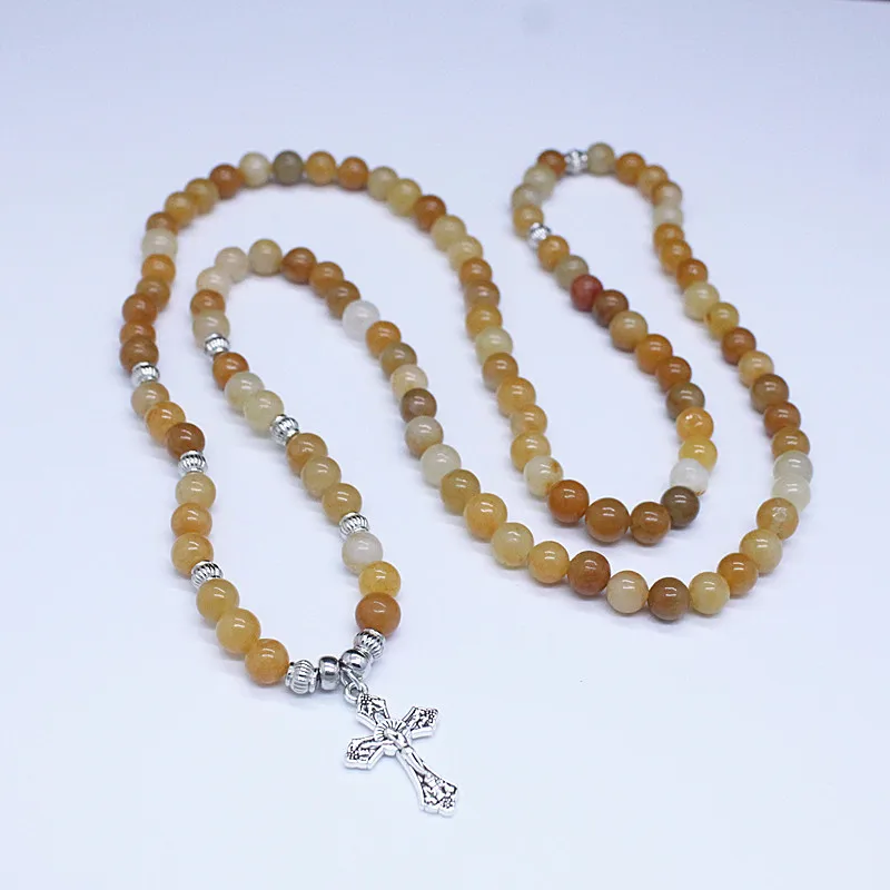Натуральный буддийский молитвенный браслет Tasbih 108 Mala из натуральных камней четки с белым крестом подвеска