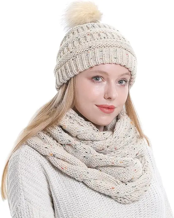 Wholesale High Quality Women Thick Cable Knitted Custom Circle Loop Infinity Soft Warm Beanie Hat Cable Knit Hat