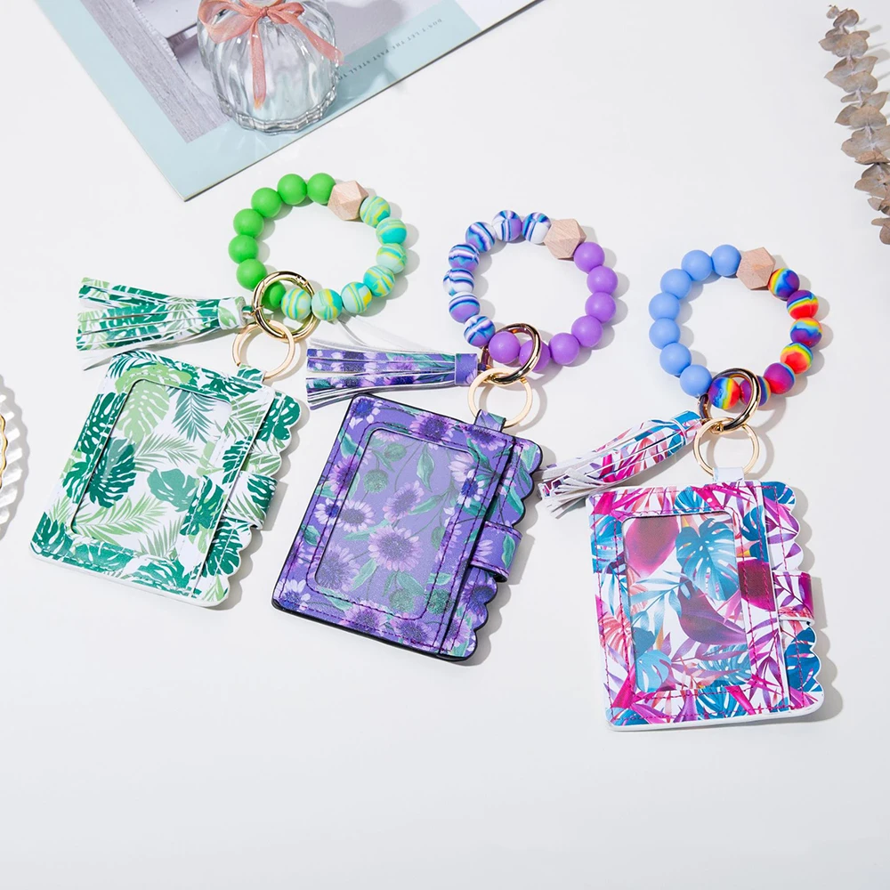 Silicone Bead Pu Bracelet Card Holder Purse Tassel Wristlet Wallet Leather Keychain Wristband Decoration Car Jewelry For Gifts