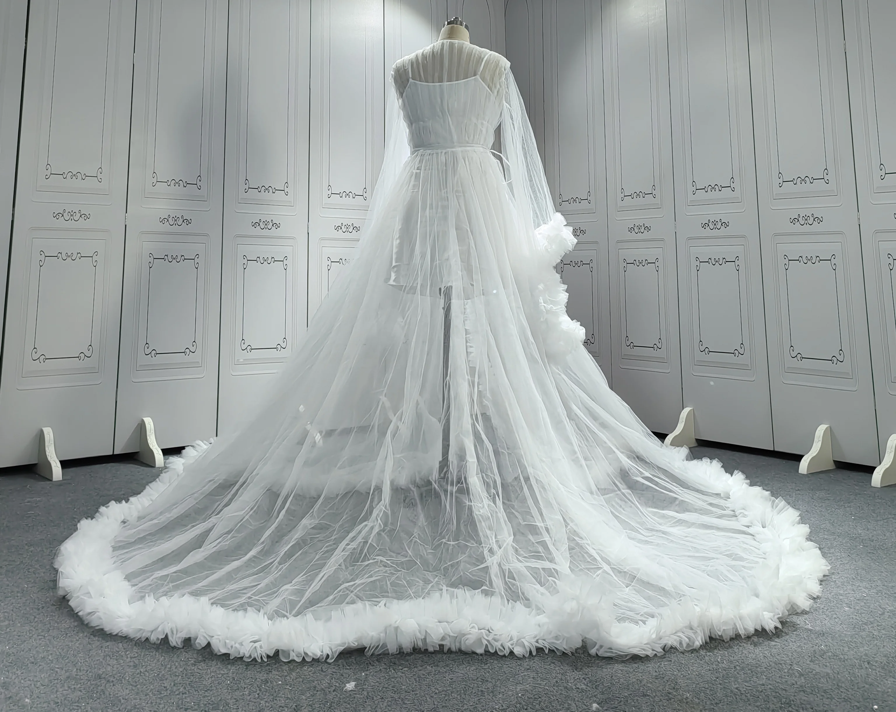 Tulle Nightgown Robe Fluffy Latest Long Luxury Mesh Sexy Ruffle Feather White Fancy Wedding Robes For Bridal
