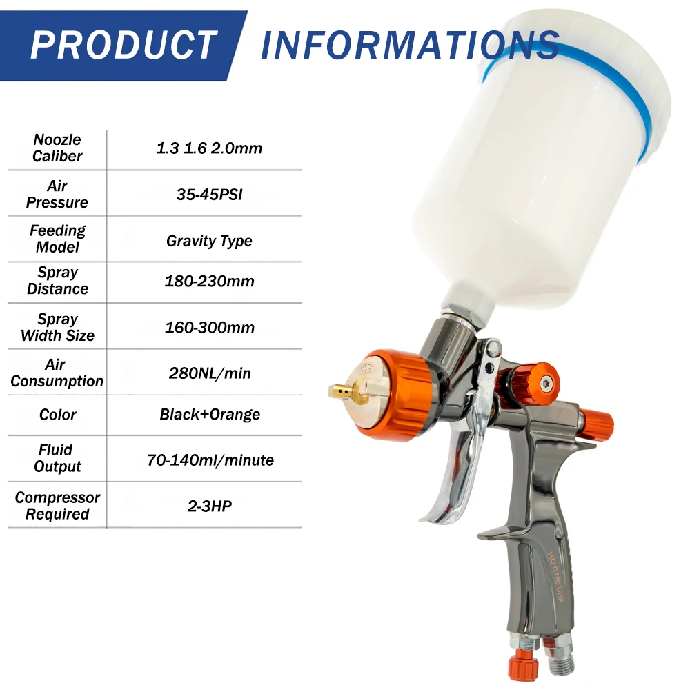 High Quality LVLP Spray Gun For Cars GT80 1.3/1.6/2.0mm Nozzle