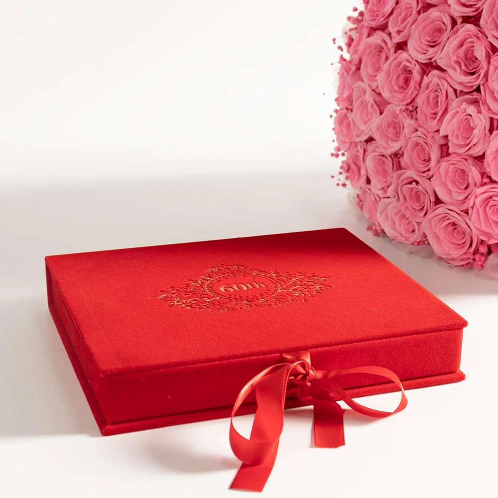 Wholesale Custom Cardboard Flip Open Book Shape Wedding Photo Album Box Velvet Shadow Photo Frame Packaging Box With Ribbon