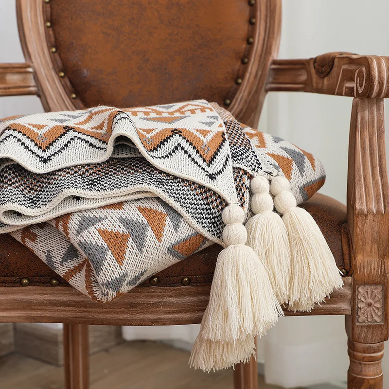 Amity Boho Knitting Throw Blanket Living Room Sofa   Scarf with tassels  Knitted Blanket