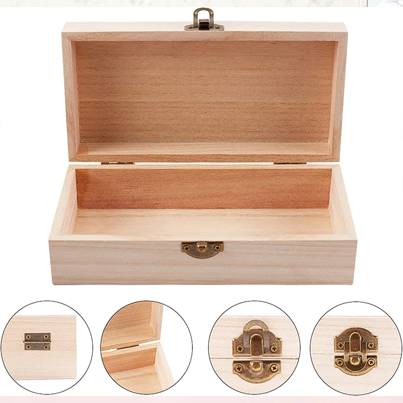 Unfinished natural wooden storage box with buckle retro wooden treasure chest is used for jewelry gift storage