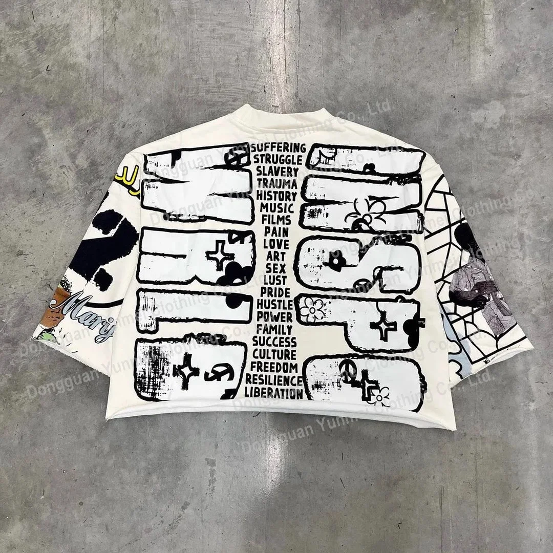 Custom Unisex graphic Print French Terry Tshirt Raw Hem Drop Shoulder Tee Oversize Crewneck Cropped Boxy Heavyweight T-shirt Men