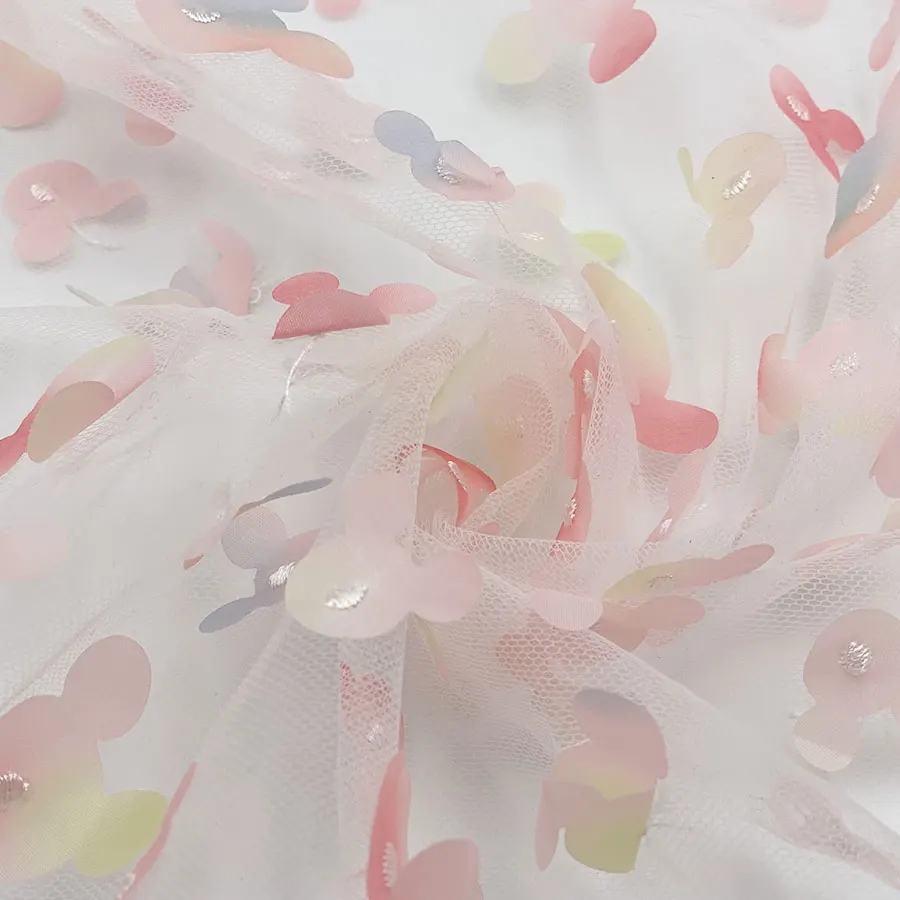 Textile embroidery 3D rainbow multicolor laser cutting printed mickey mouse appliques tulle mesh fabric