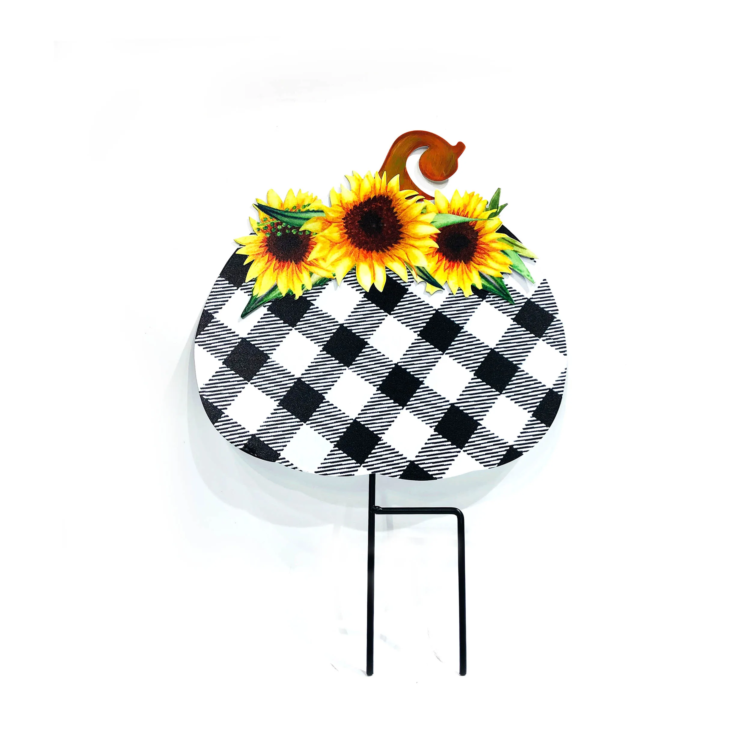 Thanksgiving Harvest Fall Metal Pumpkin Garden H Stake with Buffalo Platted Check