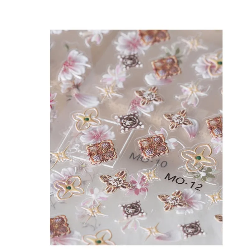 5D Engraved Tulip Nail Art Stickers Pink White Floral Flower Acrylic Embossed Sliders Summer Nail Manicure Deco