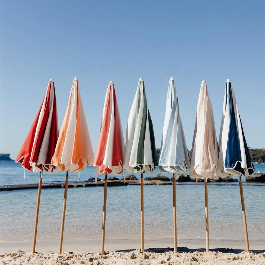 2023 New Factory Portable 7Ft Boho Canvas Canopy Wooden Pole Beach Fringe Umbrella Sun Parasols With Sand Anchor Cotton Tassels