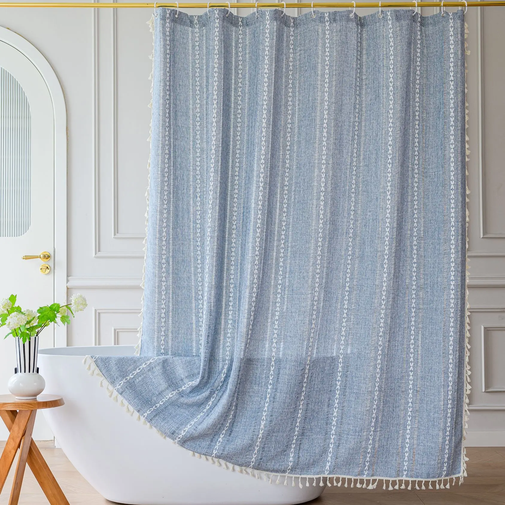 Luxury Chic Texture Embroidered Hemstitched Blue Modern Farmhouse Shower Curtain with Tassels
