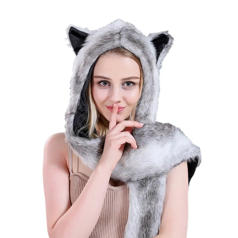 Animal Leopard Faux Fur Animal Ear Hat Glove Scarf  With Custom Polyester Knit Animal  Knitted Hat Scarf Snood