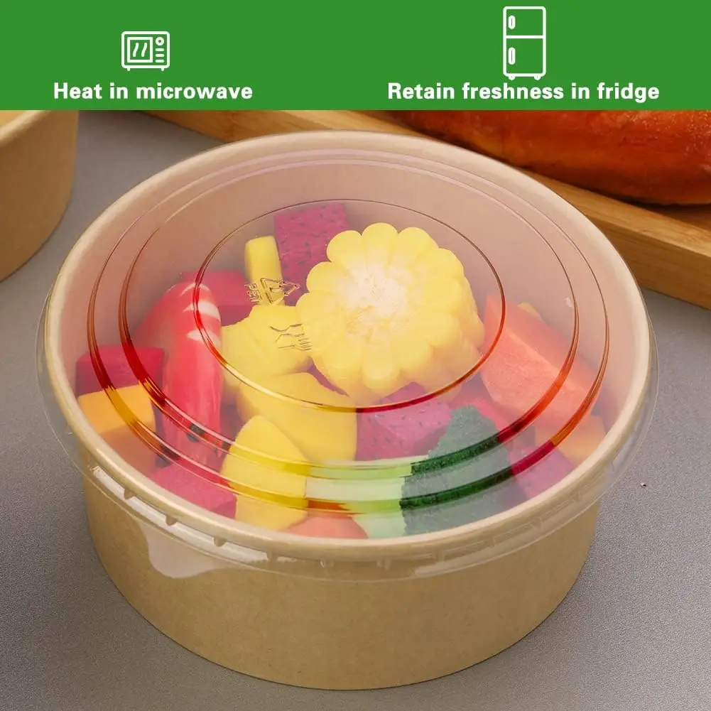 Take Away Paper Container Salad Bowls Disposable Kraft Paper Round Salad Bowl with PET Lids 750ml Craft Paper Food Snack Cup