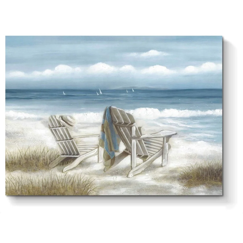 Beach Chair on Sand Beautiful Seascape Canvas Oil Painting for Bedroom