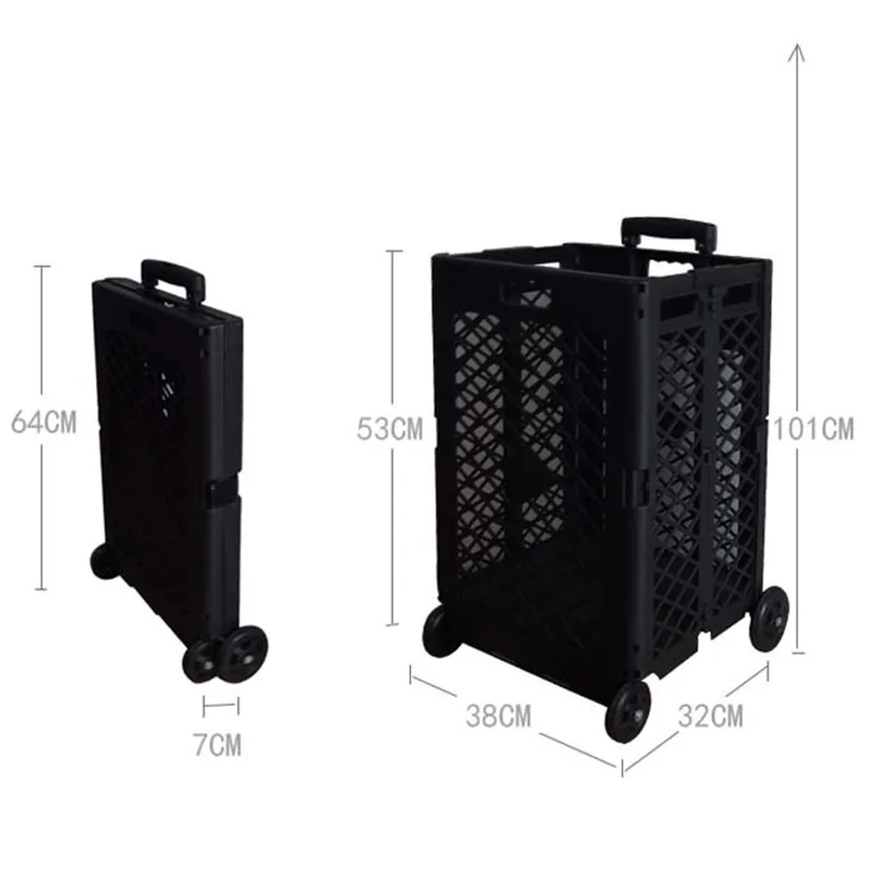 Large Capacity Portable Foldable Plastic Mesh Rolling Trolley Shopping Grocery Cart