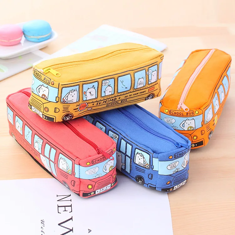 Fashion cartoon canvas cute pencil case box pen bag for primary students Creative Bus School Stationery Pencil box
