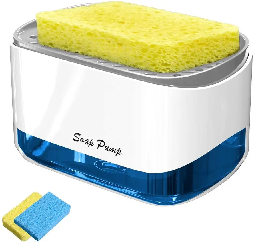 2-in-1 Sponge Rack Soap Dispenser Sponge Caddy Soap Pump Dispenser, Dish Soap Dispenser for Kitchen