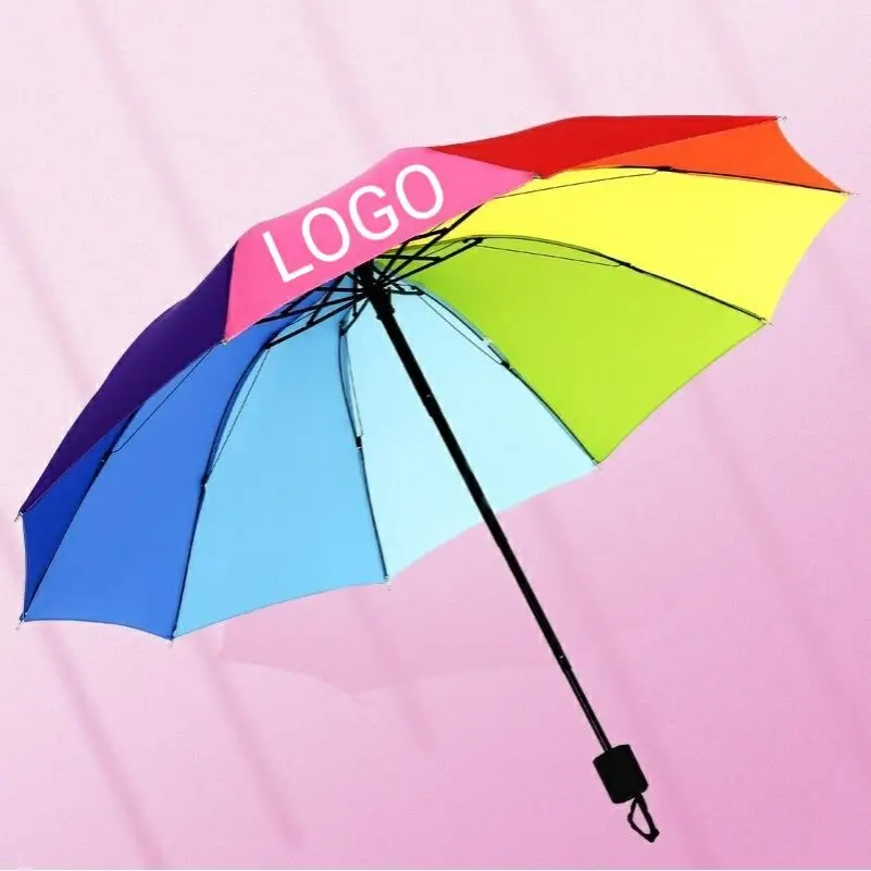 DD3489  Windproof 3 Fold 10K Manual Sun Umbrella Promotion Stick Rain Umbrellas 10K Automatic Colorful Rainbow Umbrella